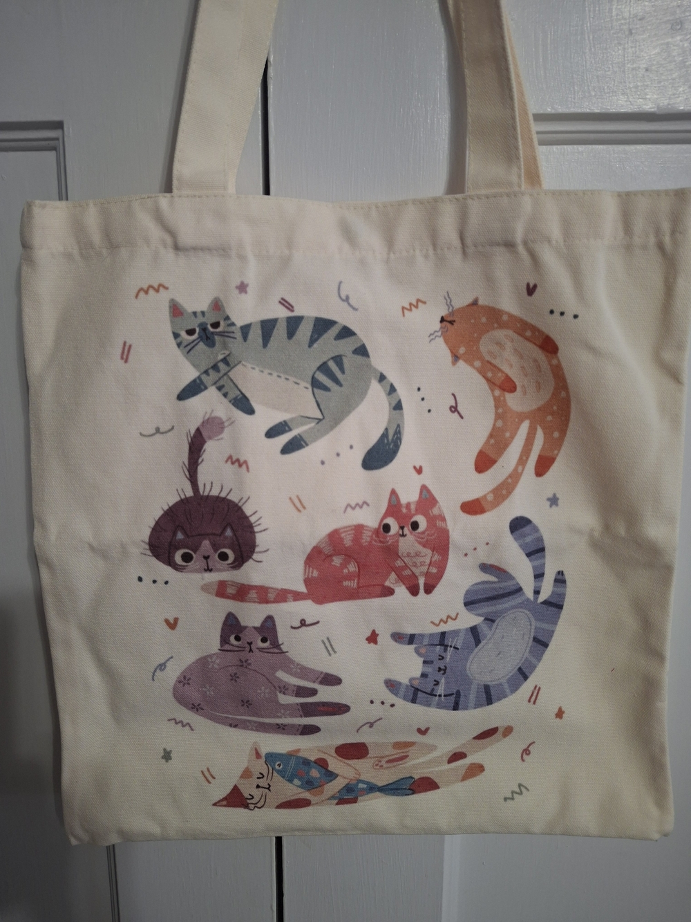 Cream Cat Print Tote Bag with Multicolor Cats - Unbranded